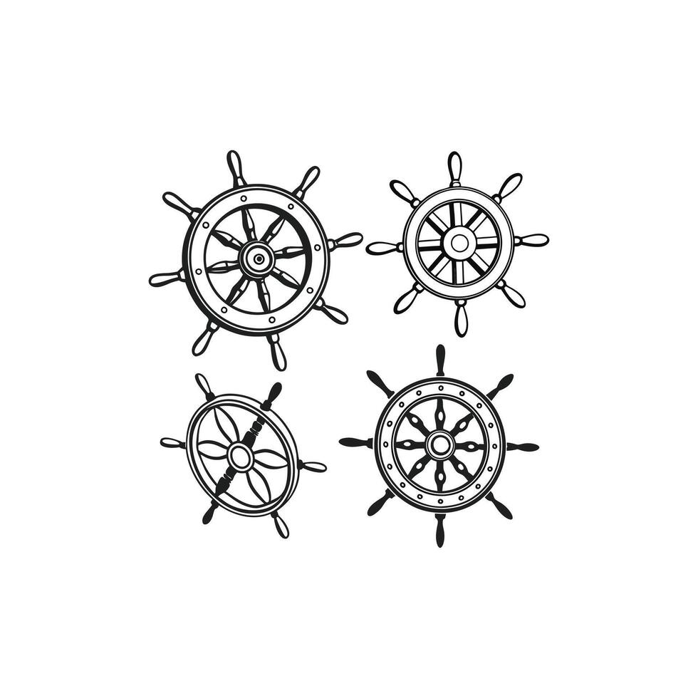 Four ship steering wheels are shown in black and white vector