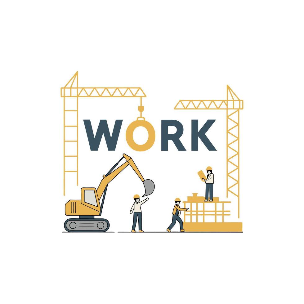 Work construction workers and crane vector