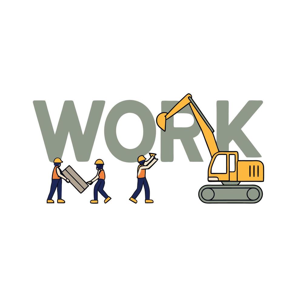 Construction workers are moving a large excavator vector