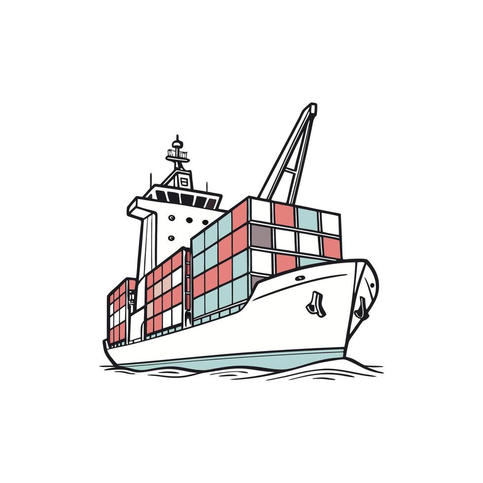 A drawing of a cargo ship with containers on it vector