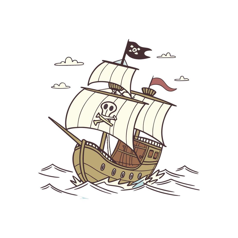 A cartoon pirate ship with a flag on it vector