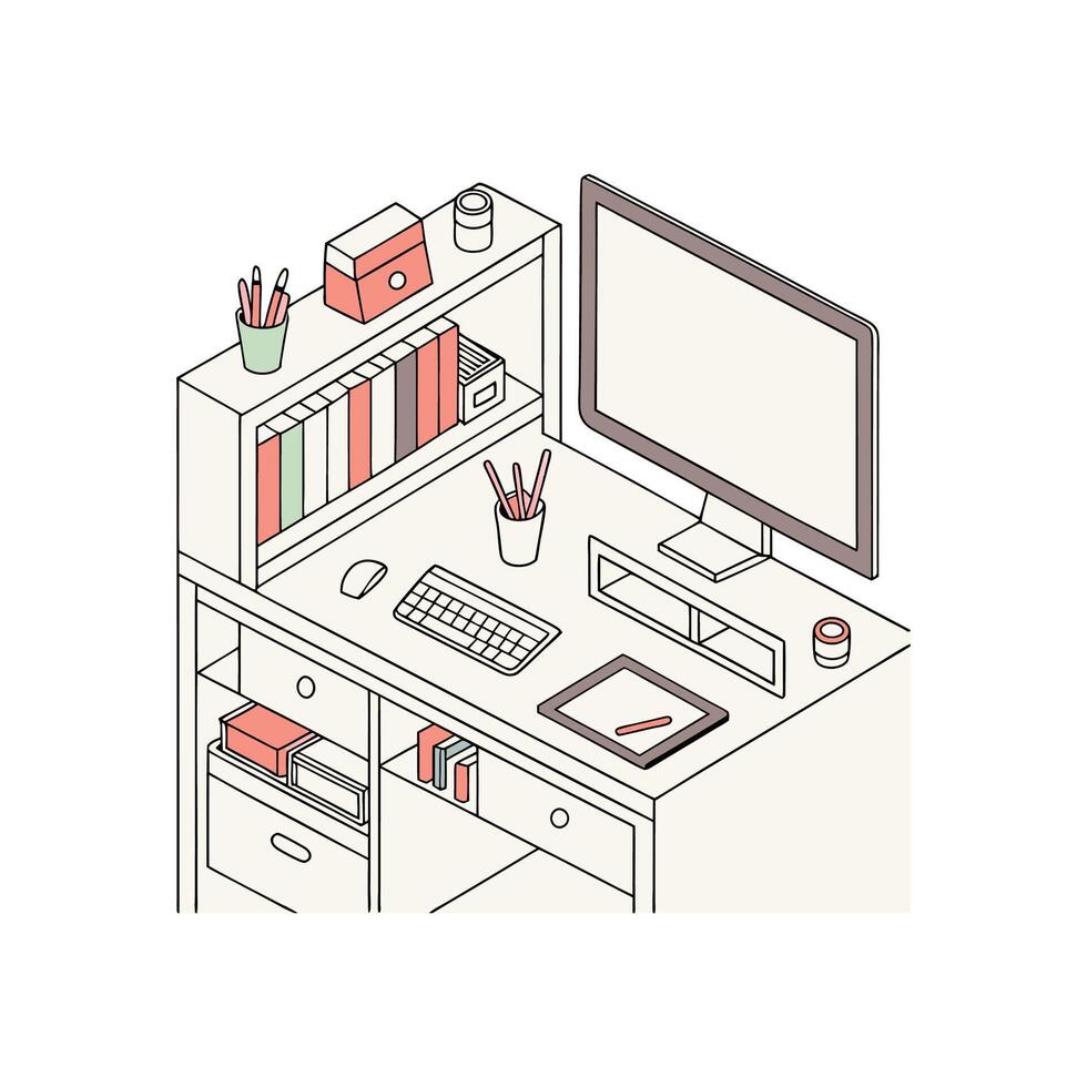 An illustration of a desk with a computer, books, and other items vector