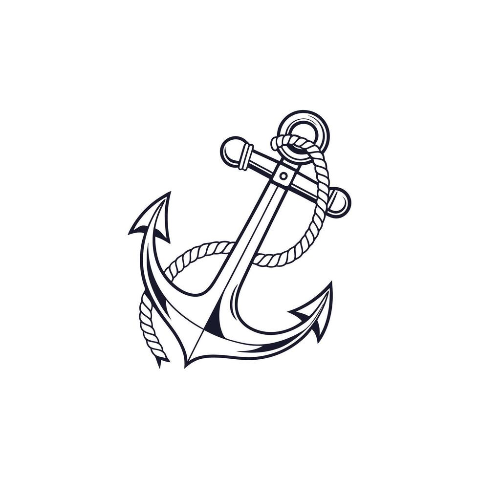 An anchor with rope on it is shown in black and white vector