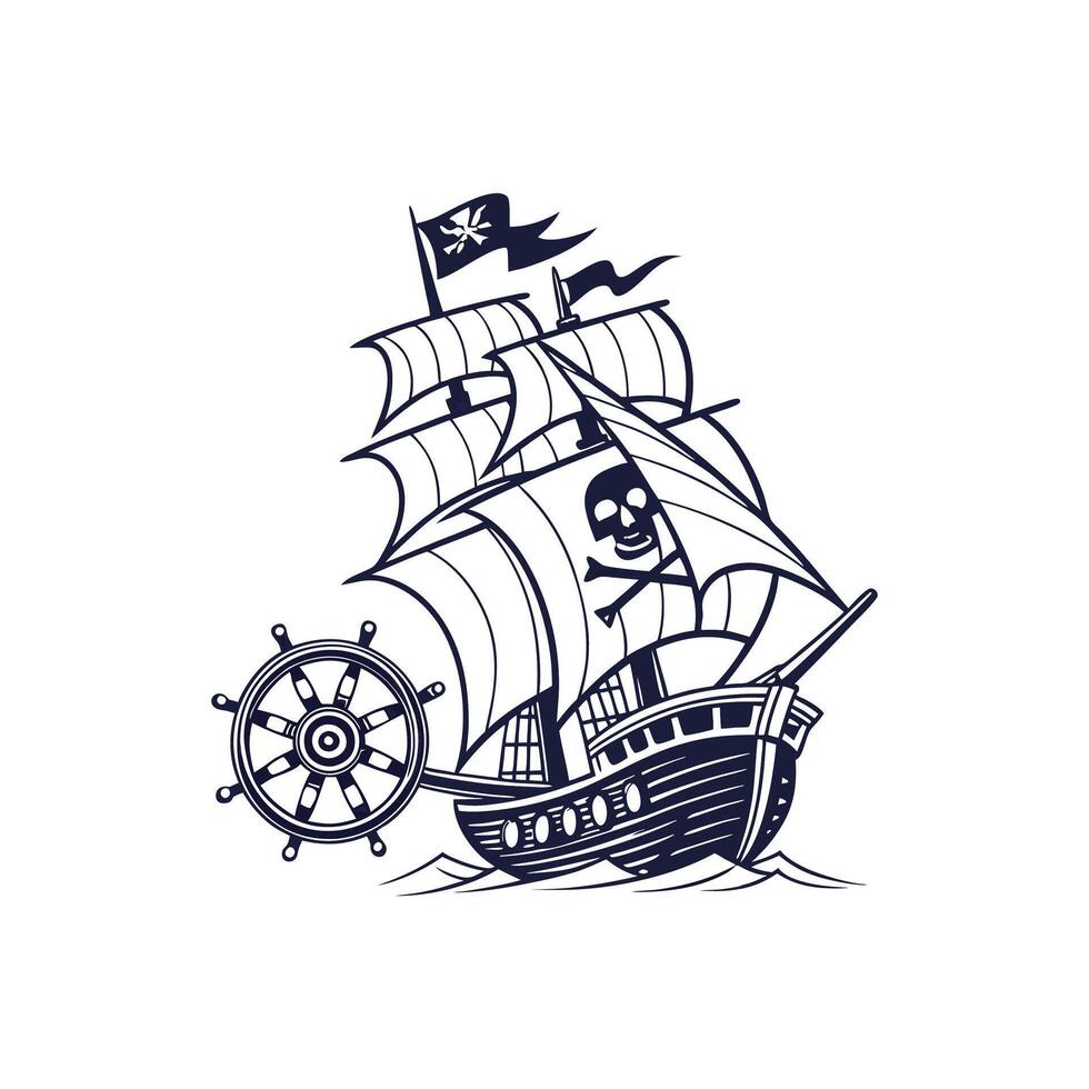 Pirate ship with skull and crossbones on the mast vector