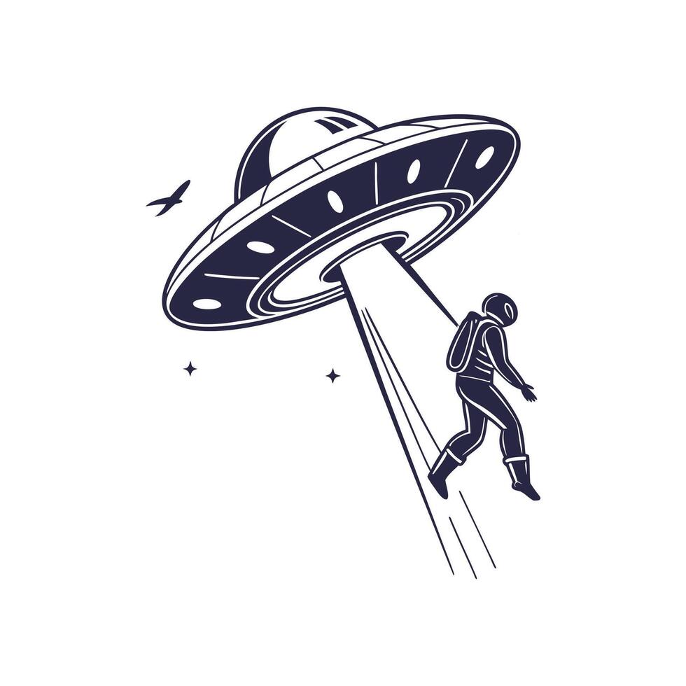 An illustration of a man flying in front of an alien spaceship vector
