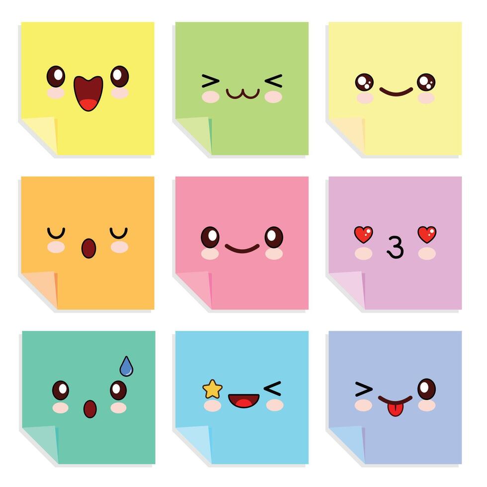 cute kawaii colorful sticky notes with emoji face inside vector