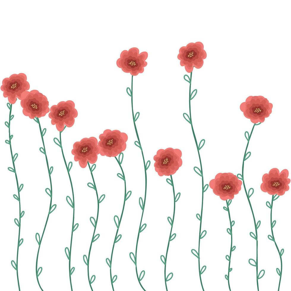 Wildflowers. Red flowers with slender green stems and leaves with a soft watercolor effect. Ideal for home decor, greeting cards, and nature-themed designs vector