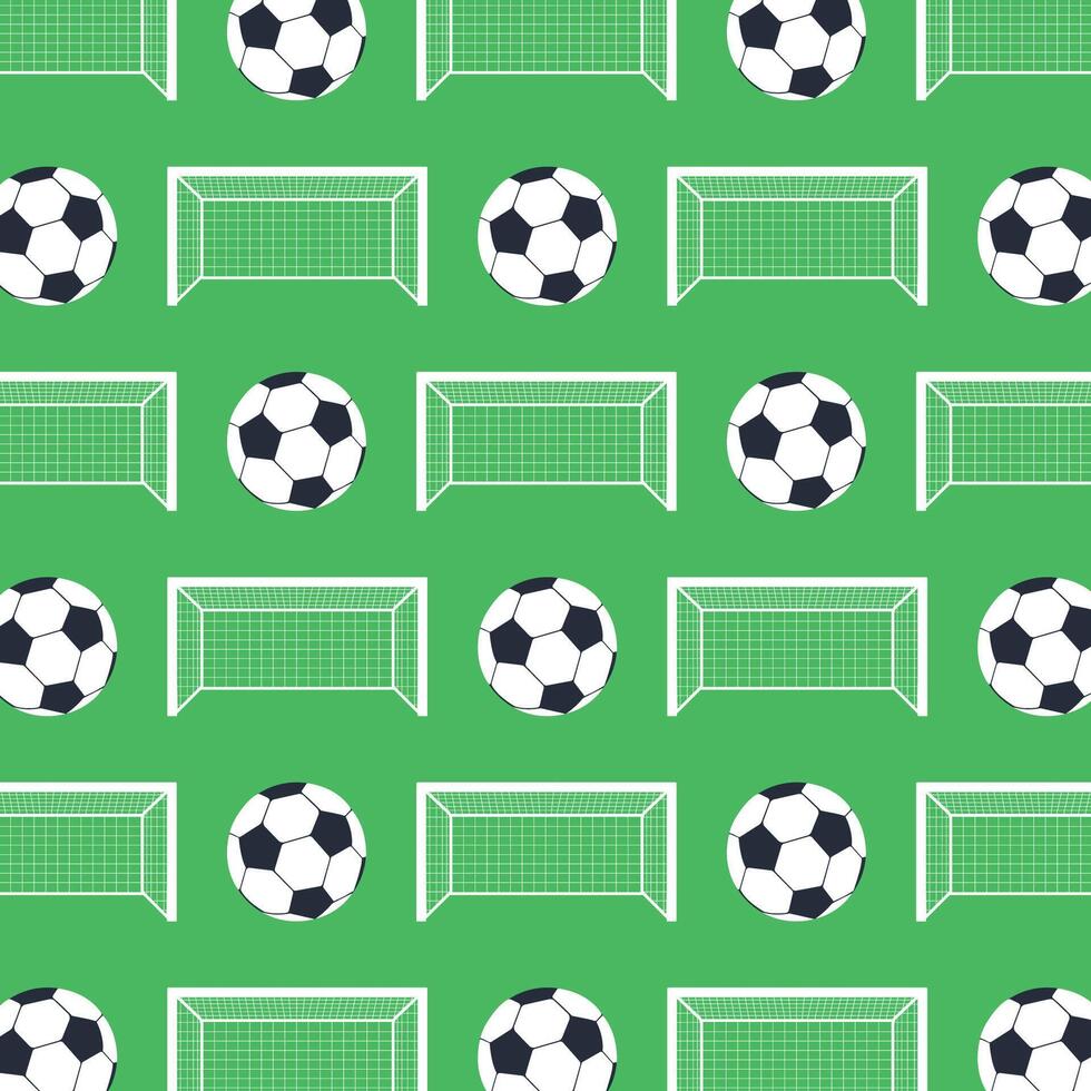 Soccer ball and goal seamless pattern on green background. vector