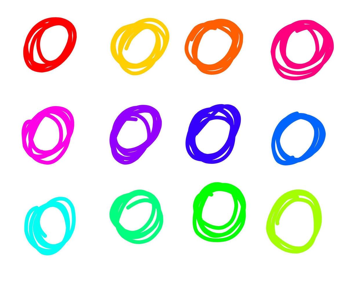 A set of 12 hand-drawn scribble circles in vibrant colors, including red, yellow, orange, pink, purple, blue, cyan, and green. Each circle is irregular, with a sketchy style on a white background vector