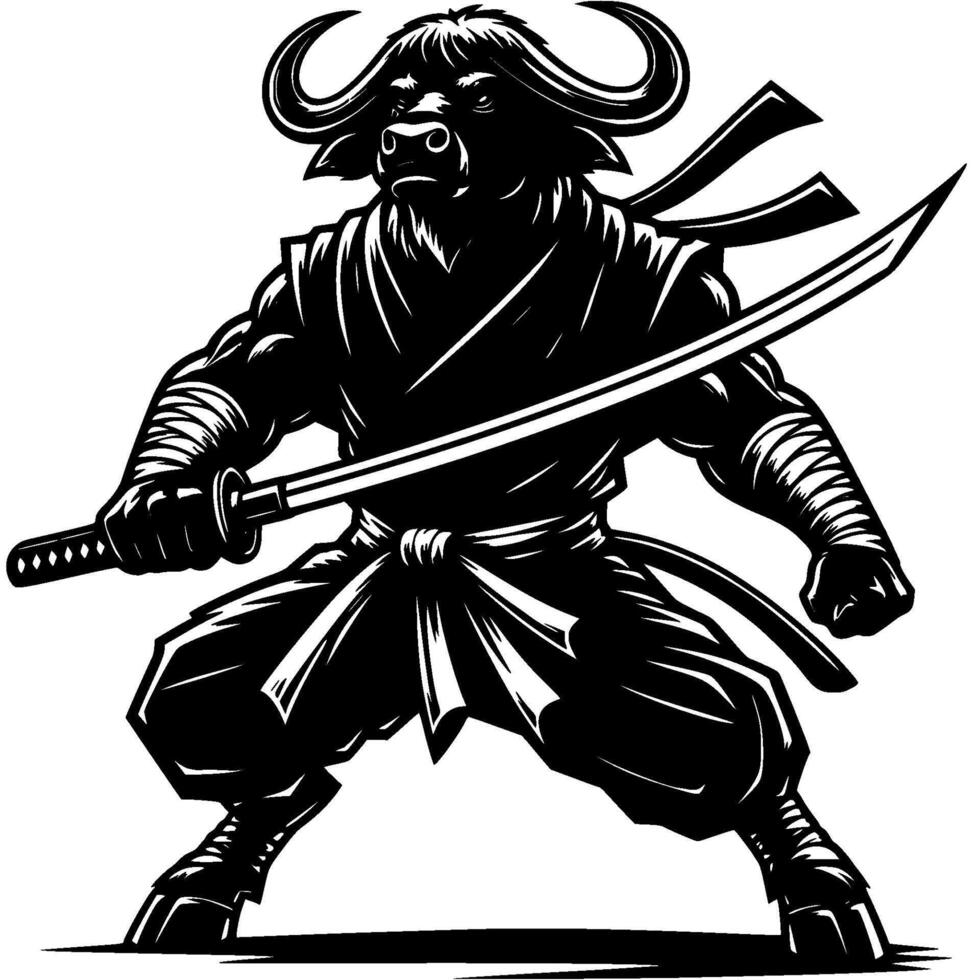 Ninja master bison in katana sword attacking position in monochrome. Ox fighter of secret clan animal roars. Tattoo minimalistic in black ink drawing on white background vector