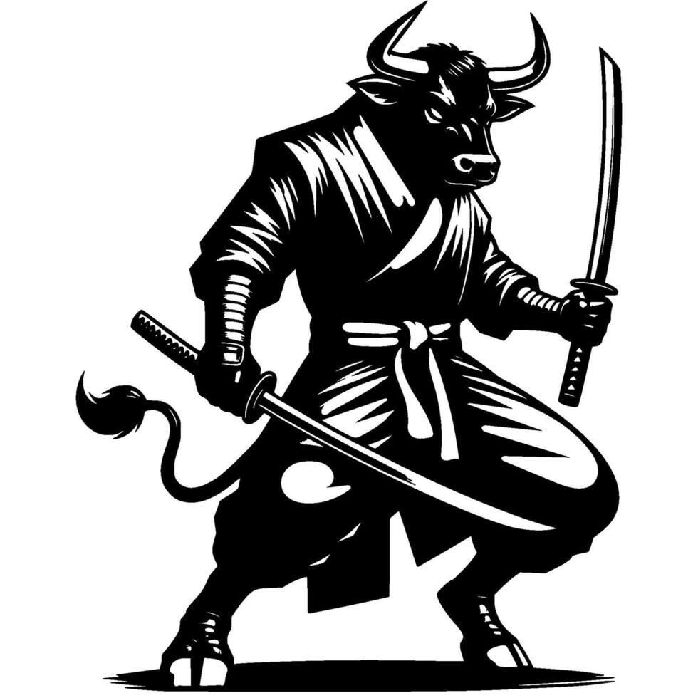 Ninja fighter buffalo armed with katana sword in fighting stance in monochrome. Wild bison animal warrior. Tattoo minimalistic in black ink drawing on white background vector