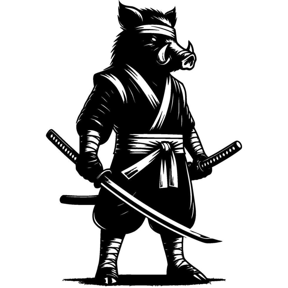 Ninja fighter boar armed with katana sword in fighting stance in monochrome. Wild boar animal warrior. Tattoo minimalistic in black ink drawing on white background vector
