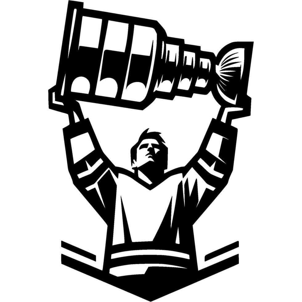Victorious hockey player raised trophy cup above his head in monochrome. Simple minimalistic in black ink drawing on white background vector