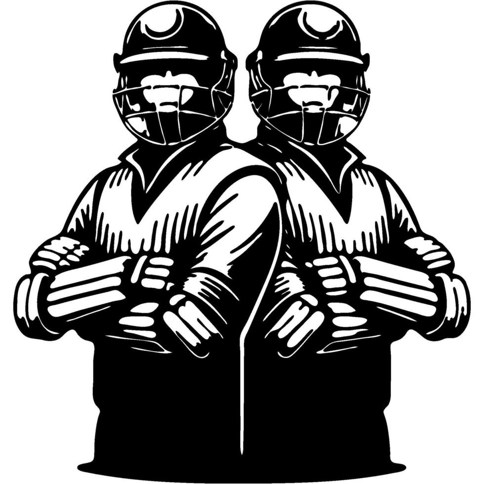 Cricket players in protective gear stand back to back with their arms crossed confidently in monochrome. Simple minimalistic in black ink drawing on white background vector