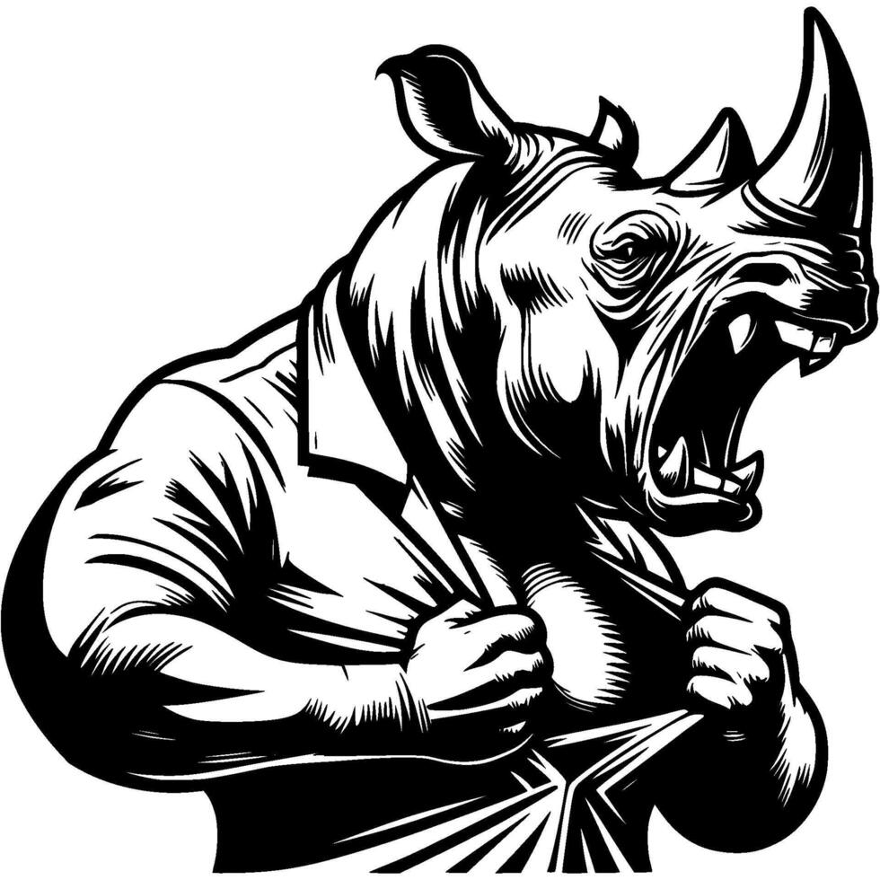 Boss rhinoceros rips shirt at chest in rage in monochrome. Wild rhino animal in human form roars in madness. Tattoo minimalistic in black ink drawing on white background vector