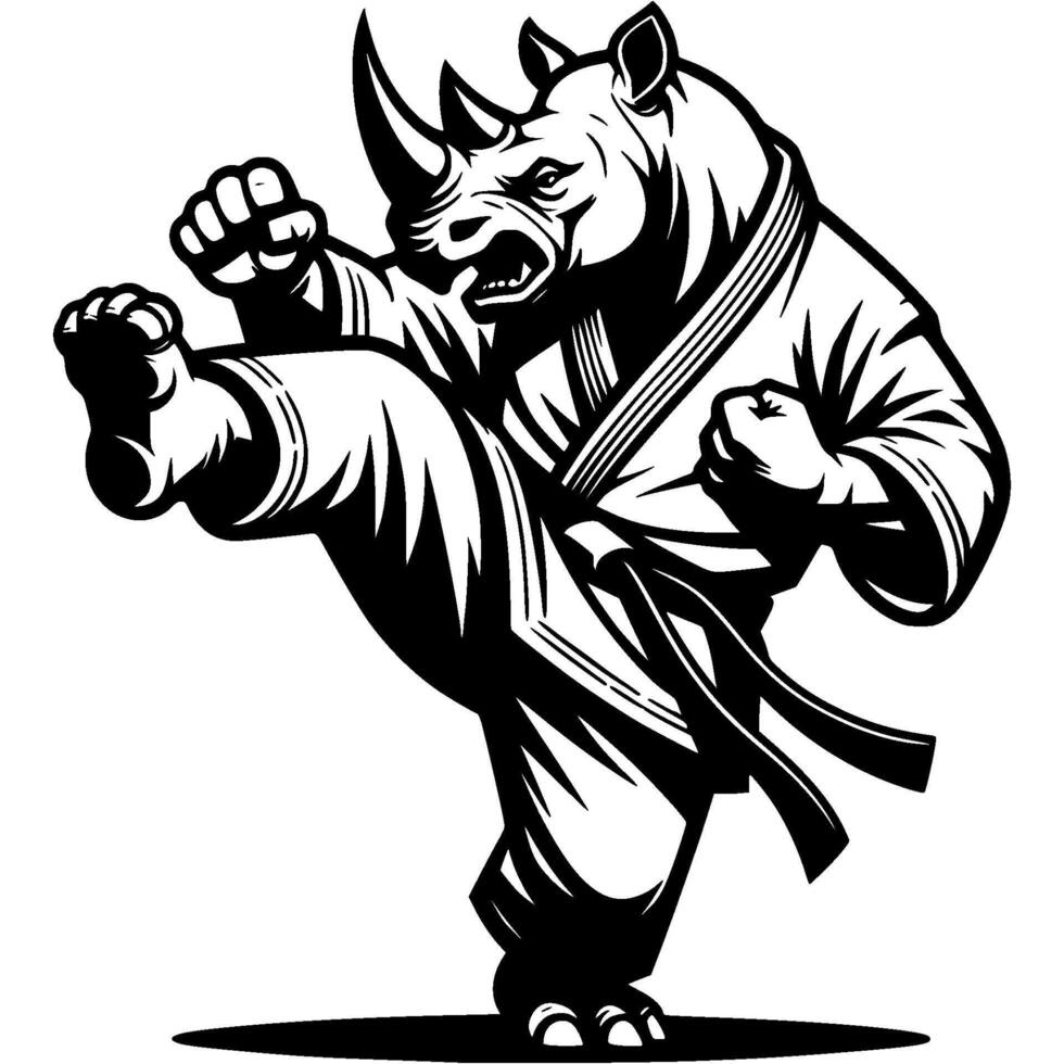 Karate rhino athlete throws straight kick attacking position in monochrome. Rhinoceros sportsman animal in human form roars. Tattoo minimalistic in black ink drawing on white background vector