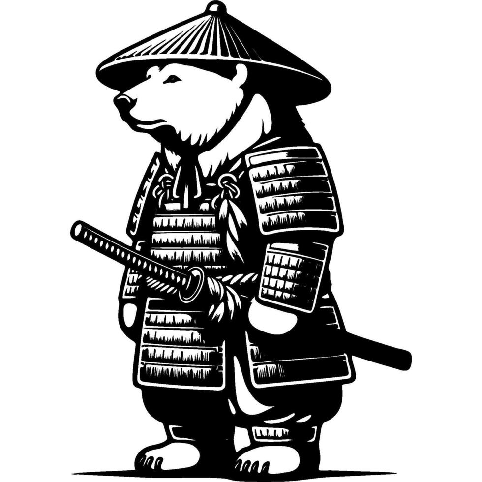 Samurai warrior in armor polar bear stands in fighting stance with katana sword in monochrome. Wild white bear animal. Tattoo minimalistic in black ink drawing on white background vector