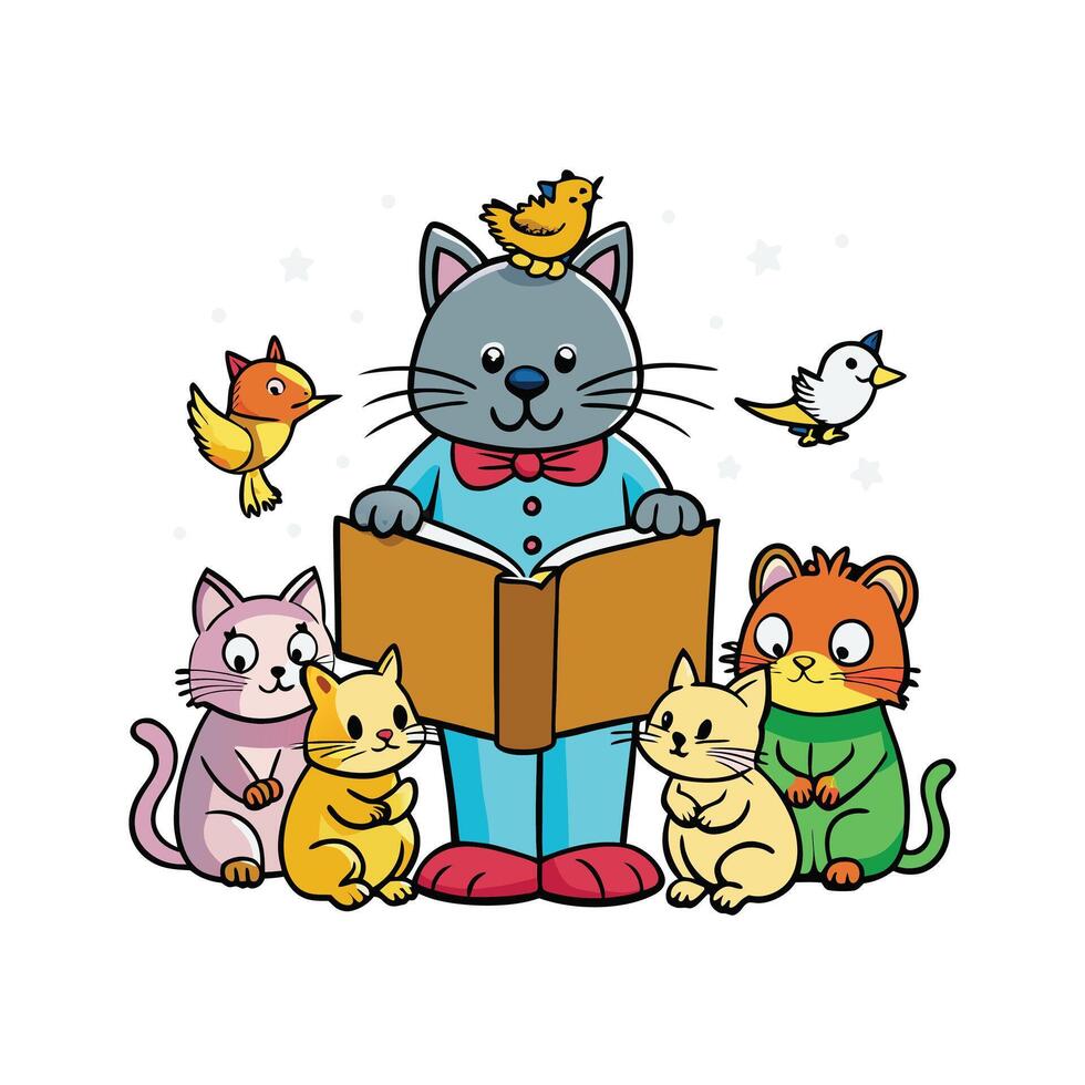 Cat Reading Bedtime Storybook. vector