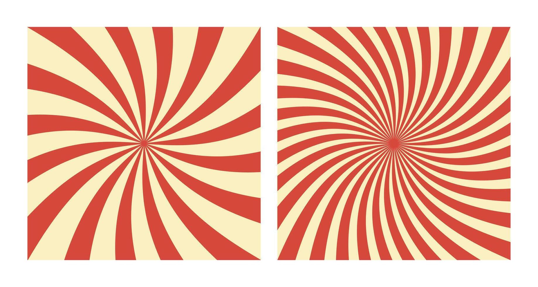 Set of Two Abstract Red Spiral Patterns on Beige Background. Square Posters with Red Groovy Hypnotic Swirls, Retro Inspired Grunge Sun Bursts vector