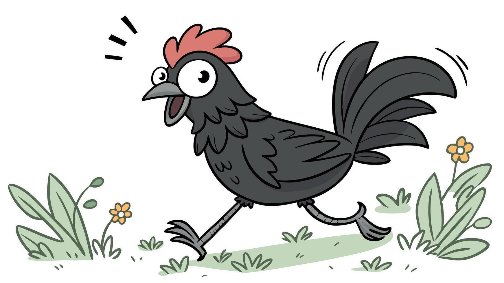 A cartoon black chicken running in the grass vector