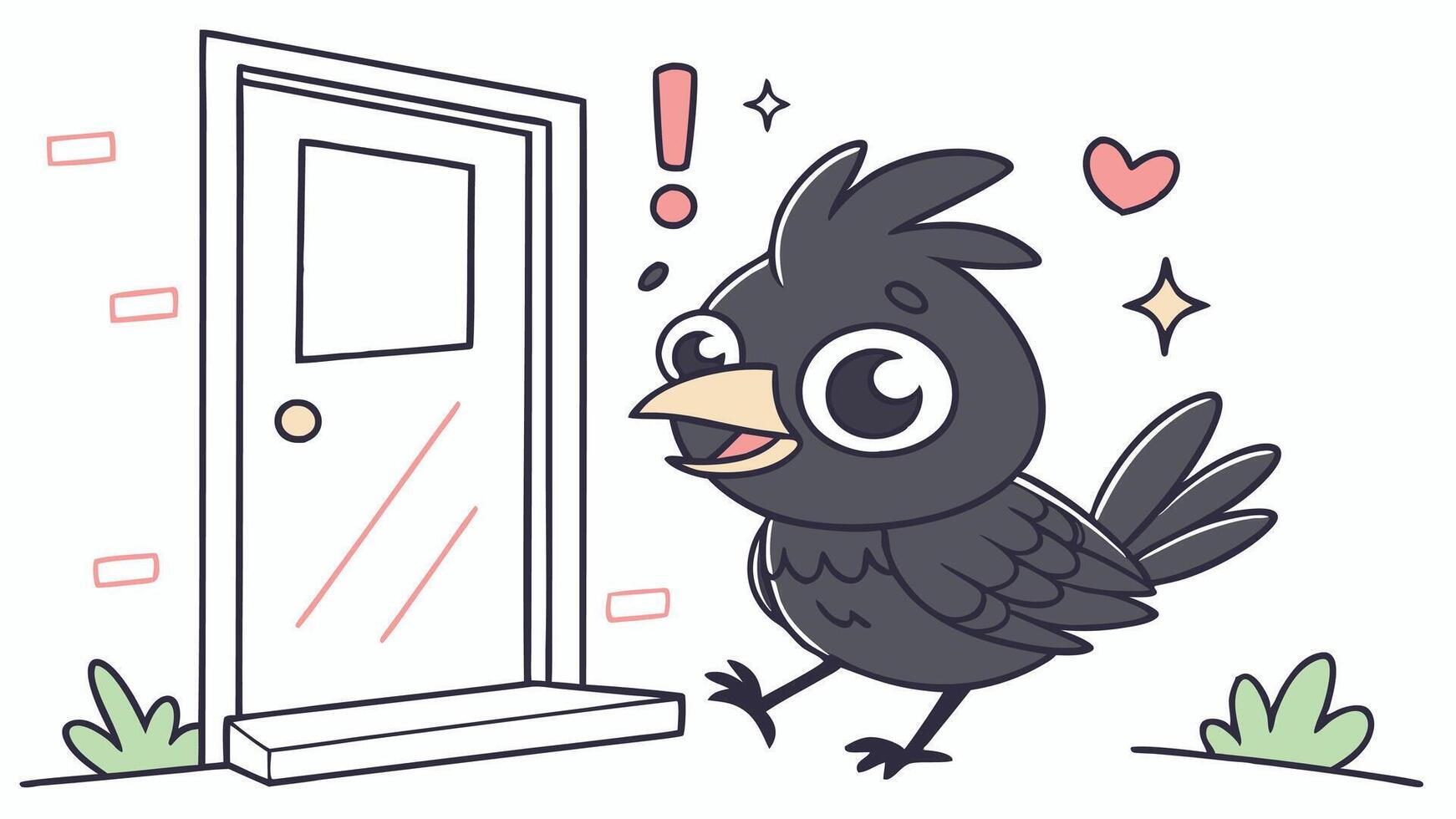 A cartoon black bird standing in front of a door vector