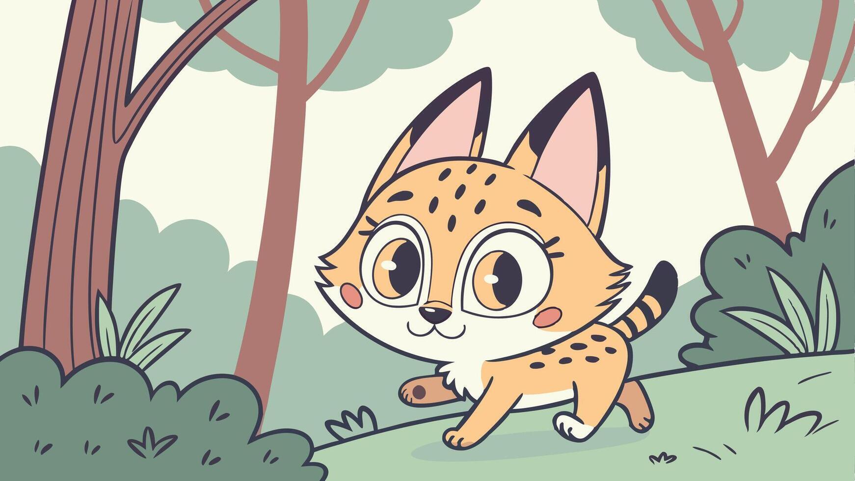 A cartoon cat in the woods with a big smile vector