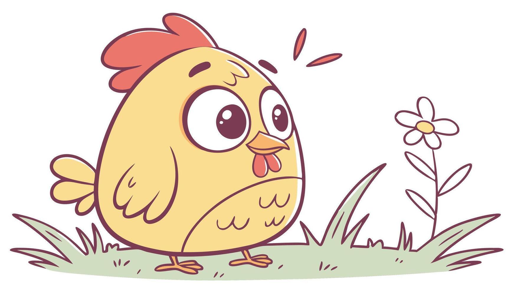 Cartoon chicken with flower in grass vector
