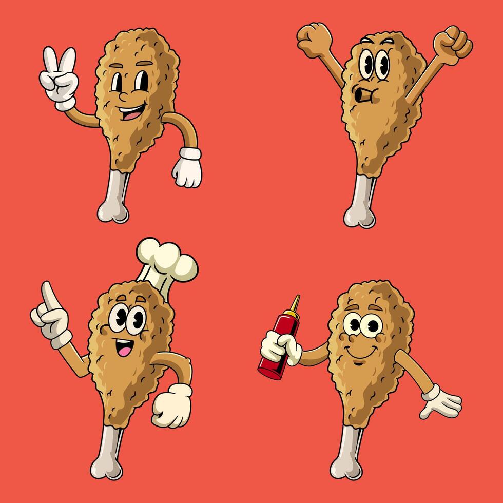 Set of Fried Chicken Junk Food Cartoon Character in Retro 70s Illustration vector