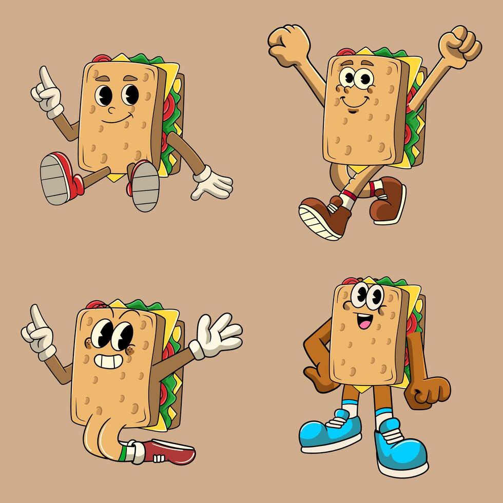 Set of Sandwich Food Cartoon Character in Retro 70s Illustration vector