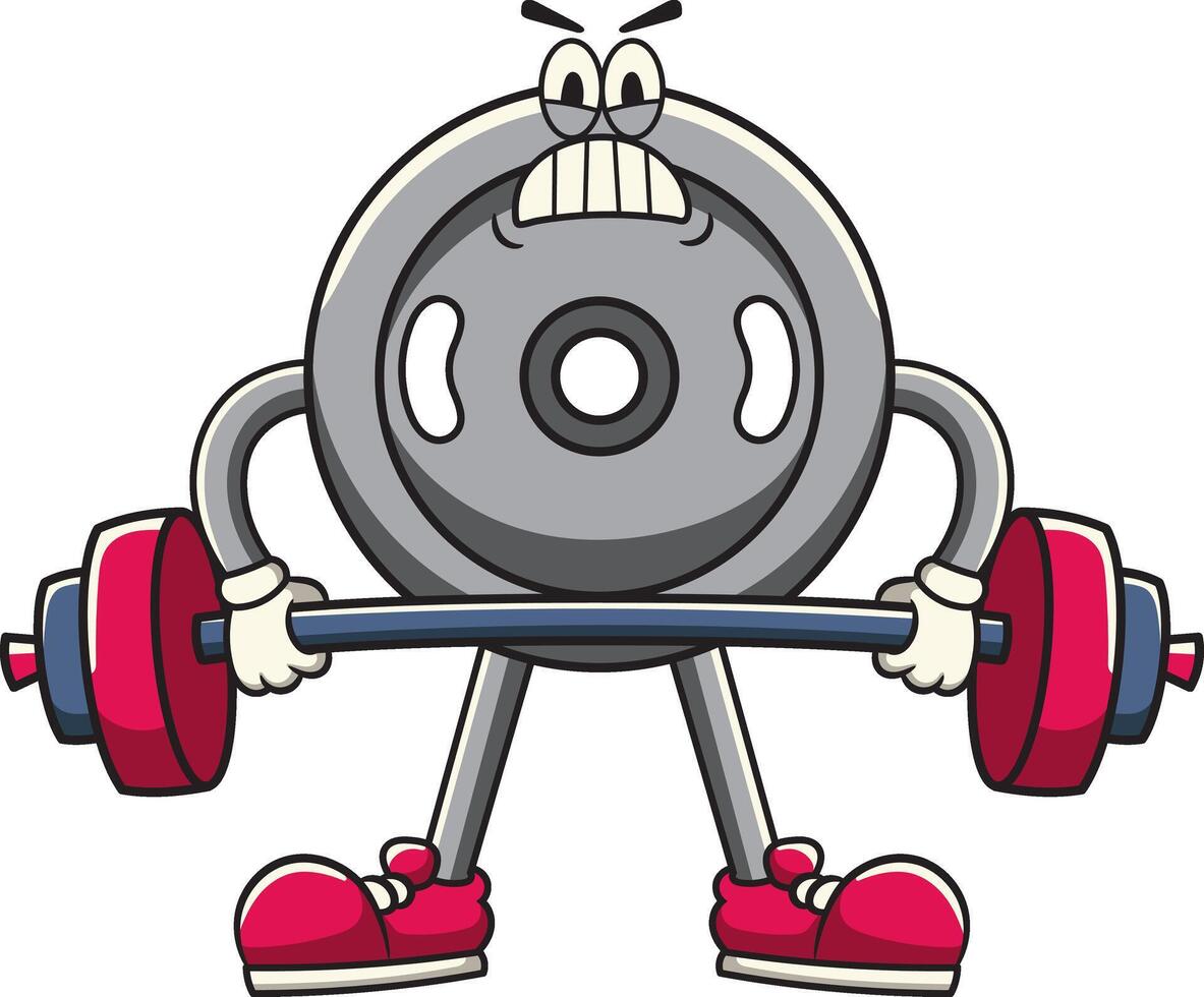 Weight Plate lifting Olympic Barbell Gym Bodybuilding in Retro Cartoon Character Illustration vector