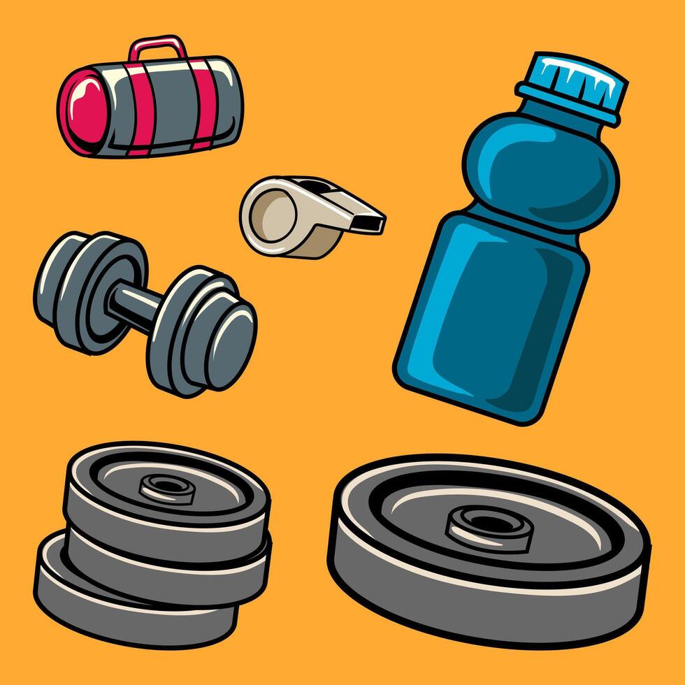 Set of Weight Plate, Dumbbell Sport Gym Bodybuilding Equipment in Cartoon Illustration vector