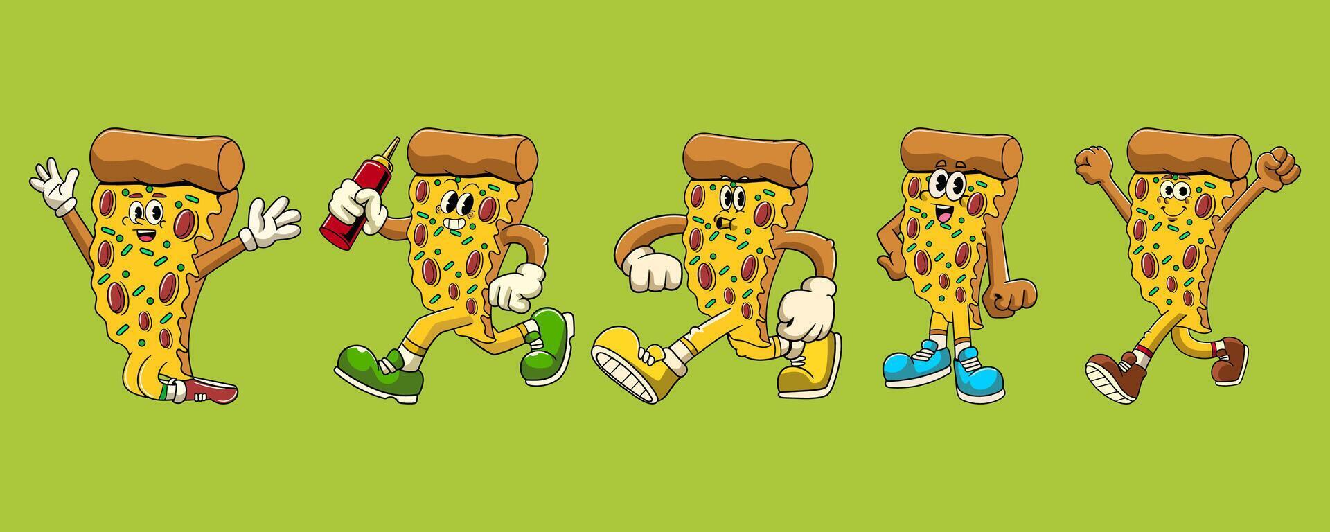 Set of Pizza Junk Food Cartoon Character in Retro 70s Illustration vector