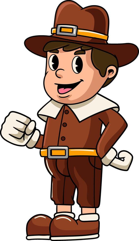 Thanksgiving Day Blessing Boy Pilgrim Standing Pose in Retro Cartoon Character Illustration vector