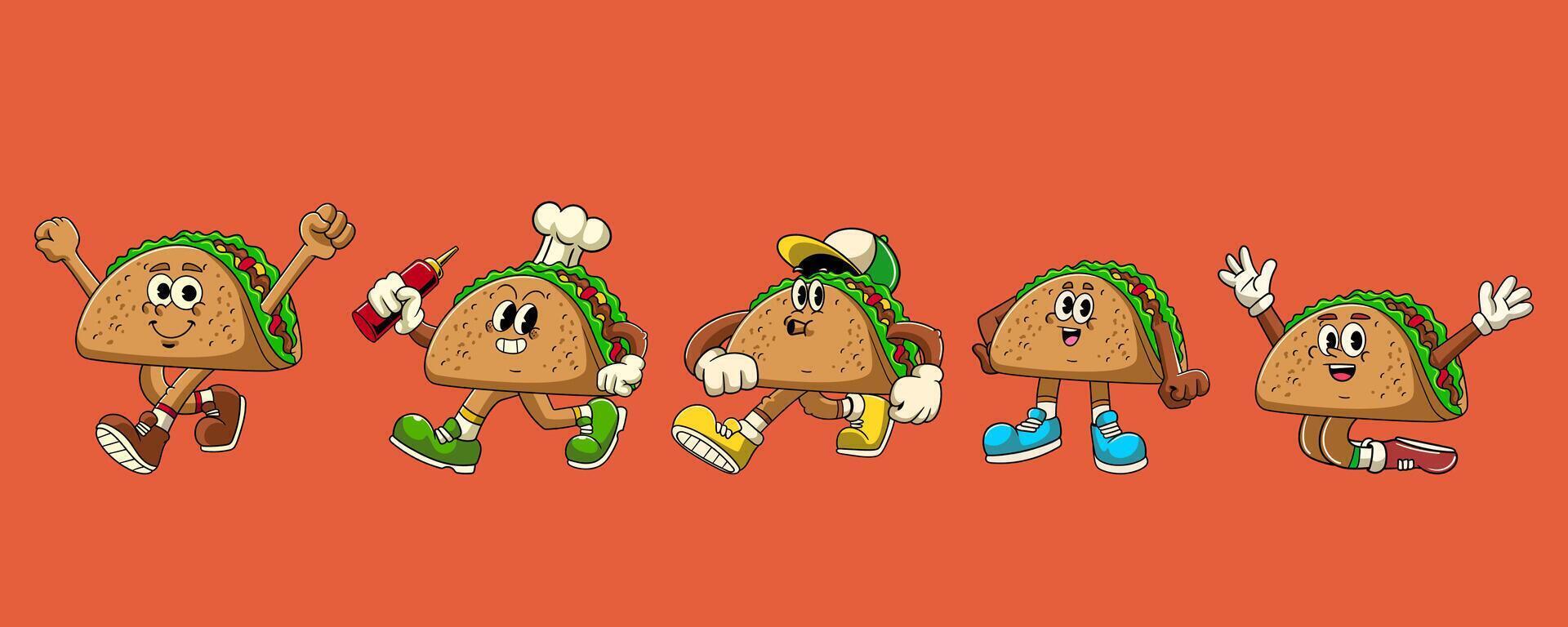 Set of Taco Junk Food Cartoon Character in Retro 70s Illustration vector
