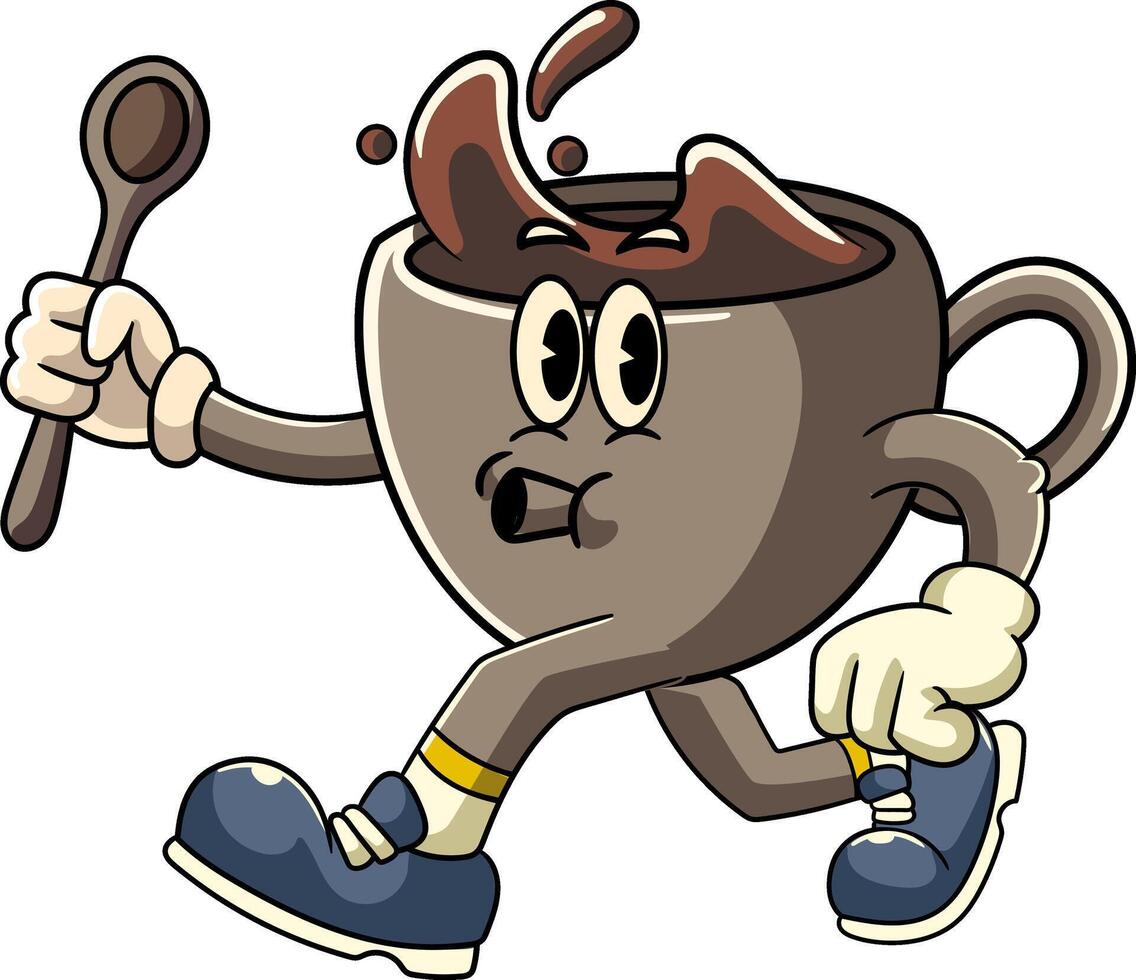Cute Hot Coffee Cup Cartoon Character in Retro 70s Illustration vector