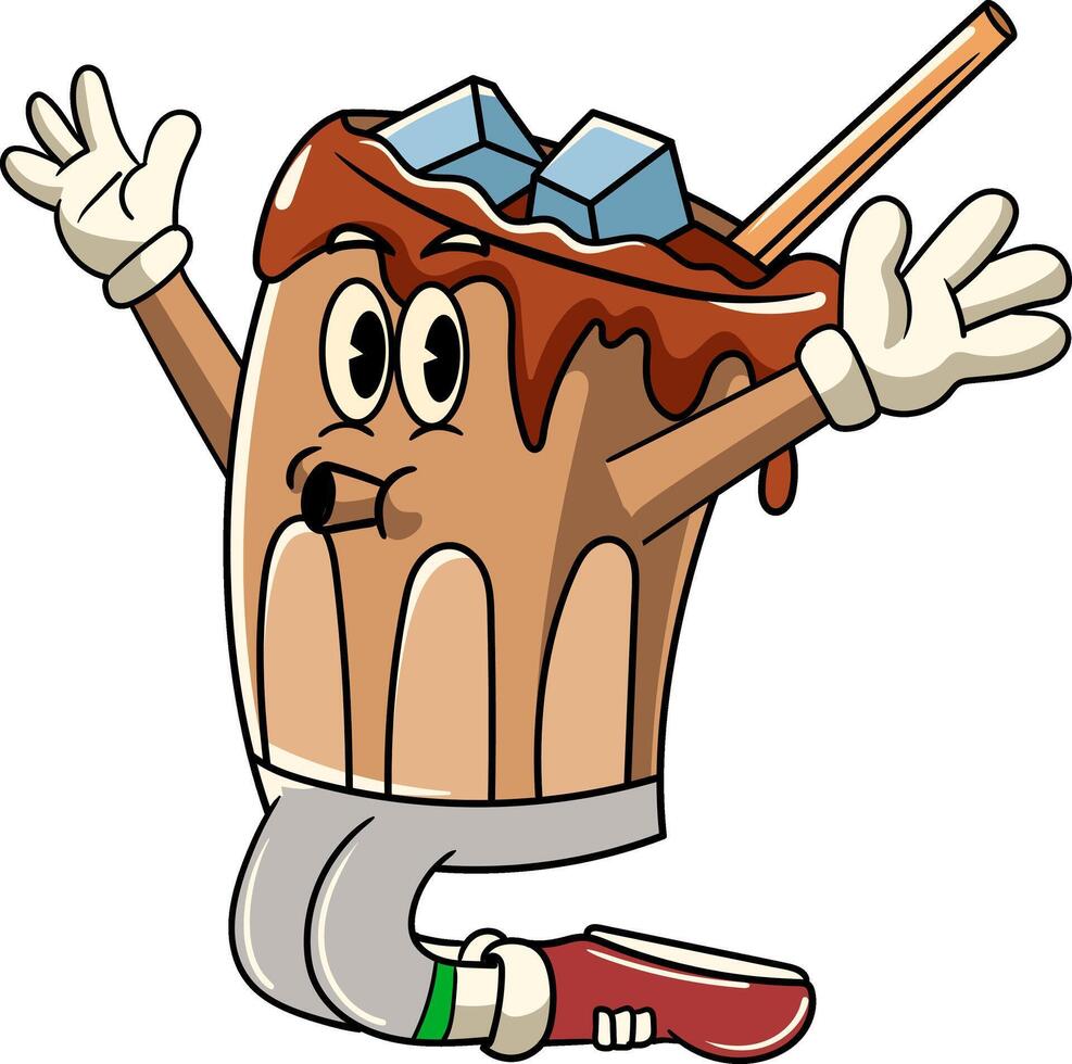 Cute Ice Coffee Cartoon Character in Retro 70s Illustration vector