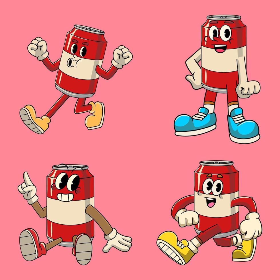 Set of Soda Drink Cartoon Character in Retro 70s Illustration vector