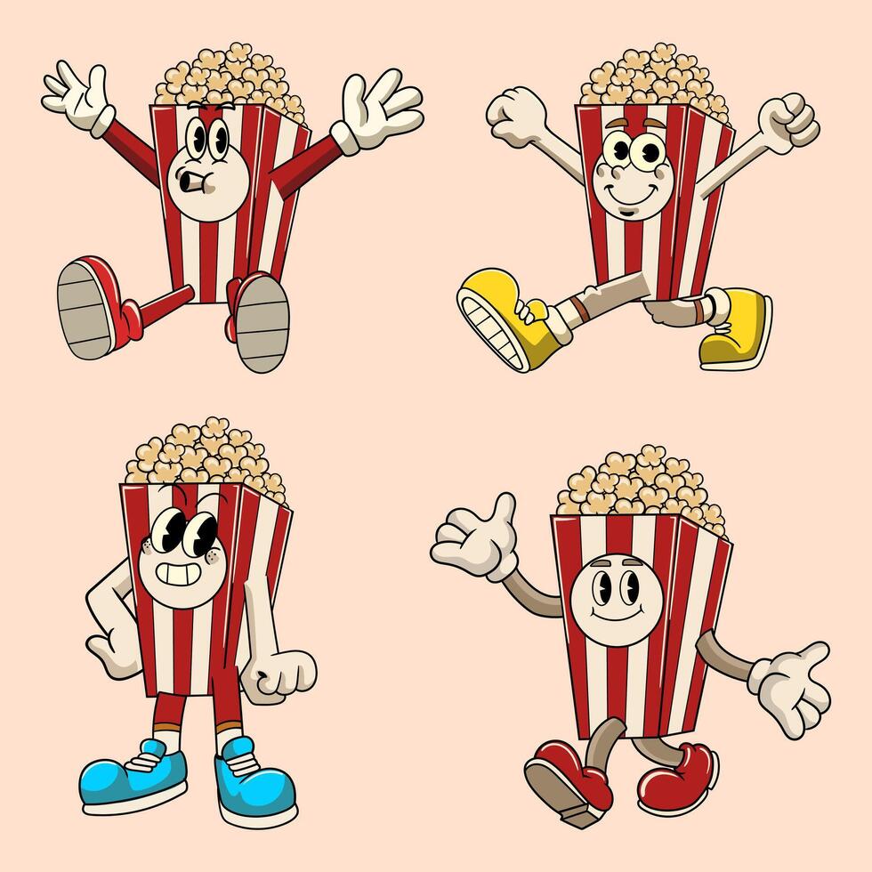 Set of Pop Corn Food Cartoon Character in Retro 70s Illustration vector