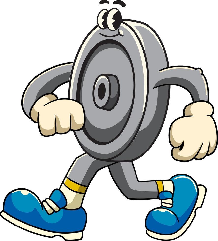 Walking Weight Plate Gym in Retro Cartoon Character Illustration vector