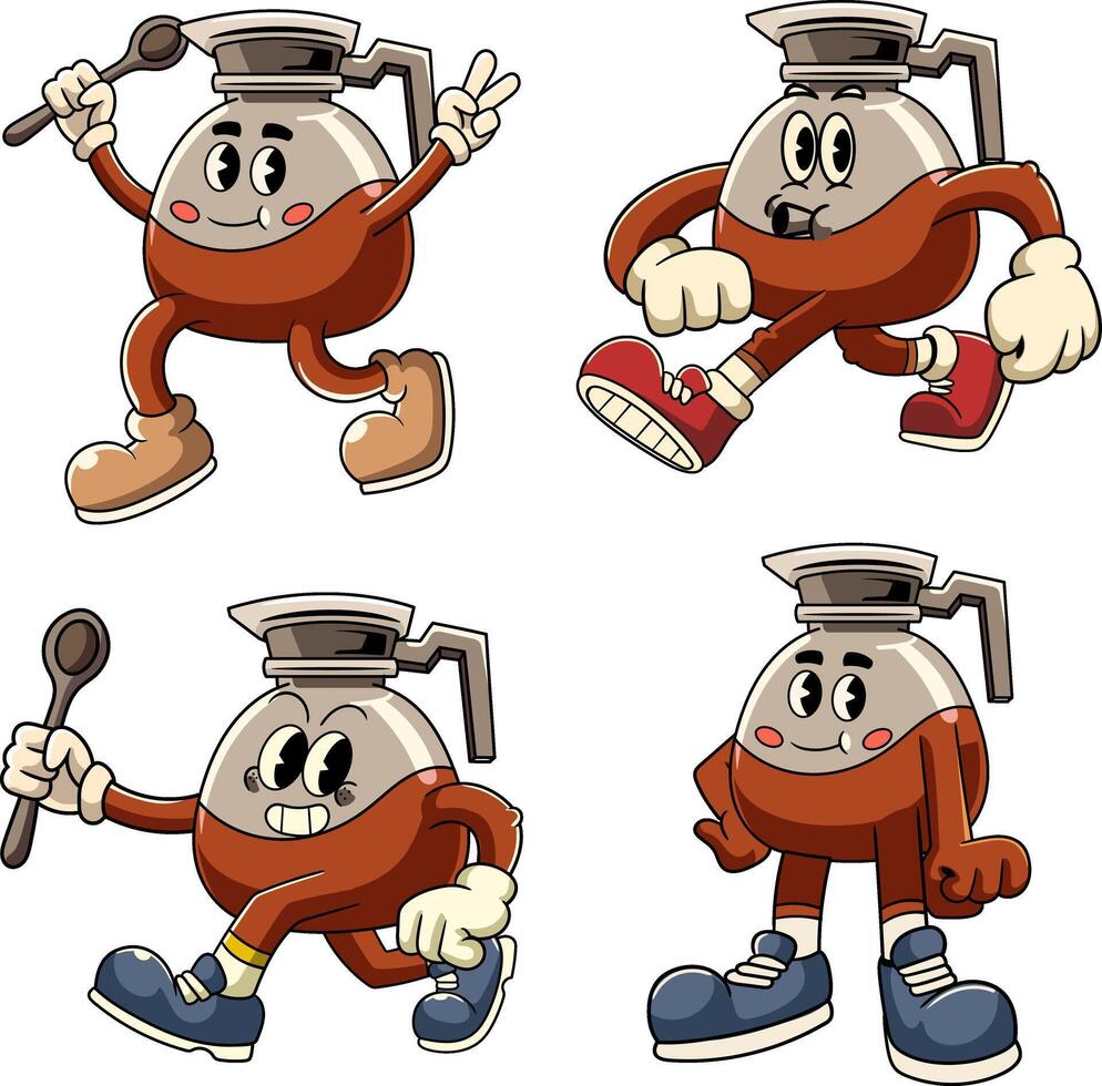 Set of Coffee Pot Cartoon Character in Retro 70s Illustration vector