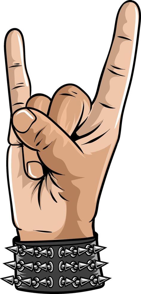 Hand apotropaic horn gesture for heavy metal emblem in cartoon illustration vector