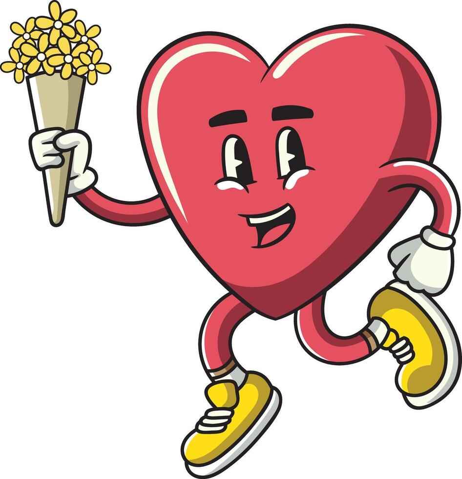 Cute Pink Heart bring Flower Bucket Valentine's Day Character in Retro Cartoon Illustration vector