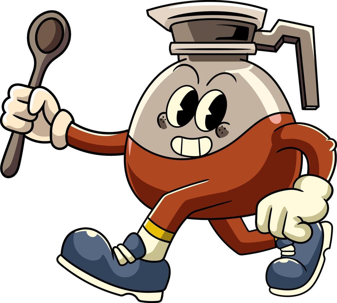 Cute Coffee Pot Cartoon Character in Retro 70s Illustration vector