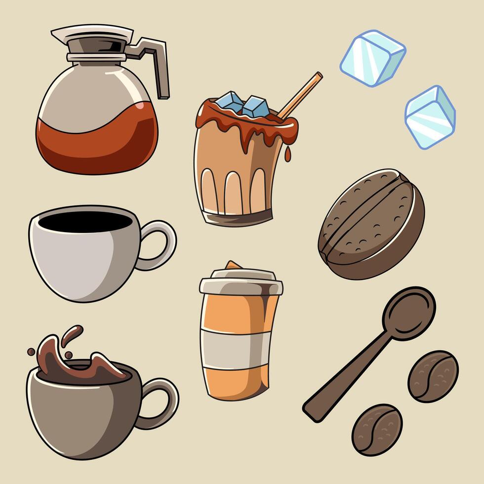 Set of Coffee Pot, Coffee Bean, and Coffee Cup Cartoon Character in Retro 70s Illustration vector