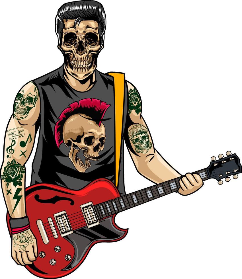 Skull Man playing Guitar World Rock Day Cartoon Illustration vector
