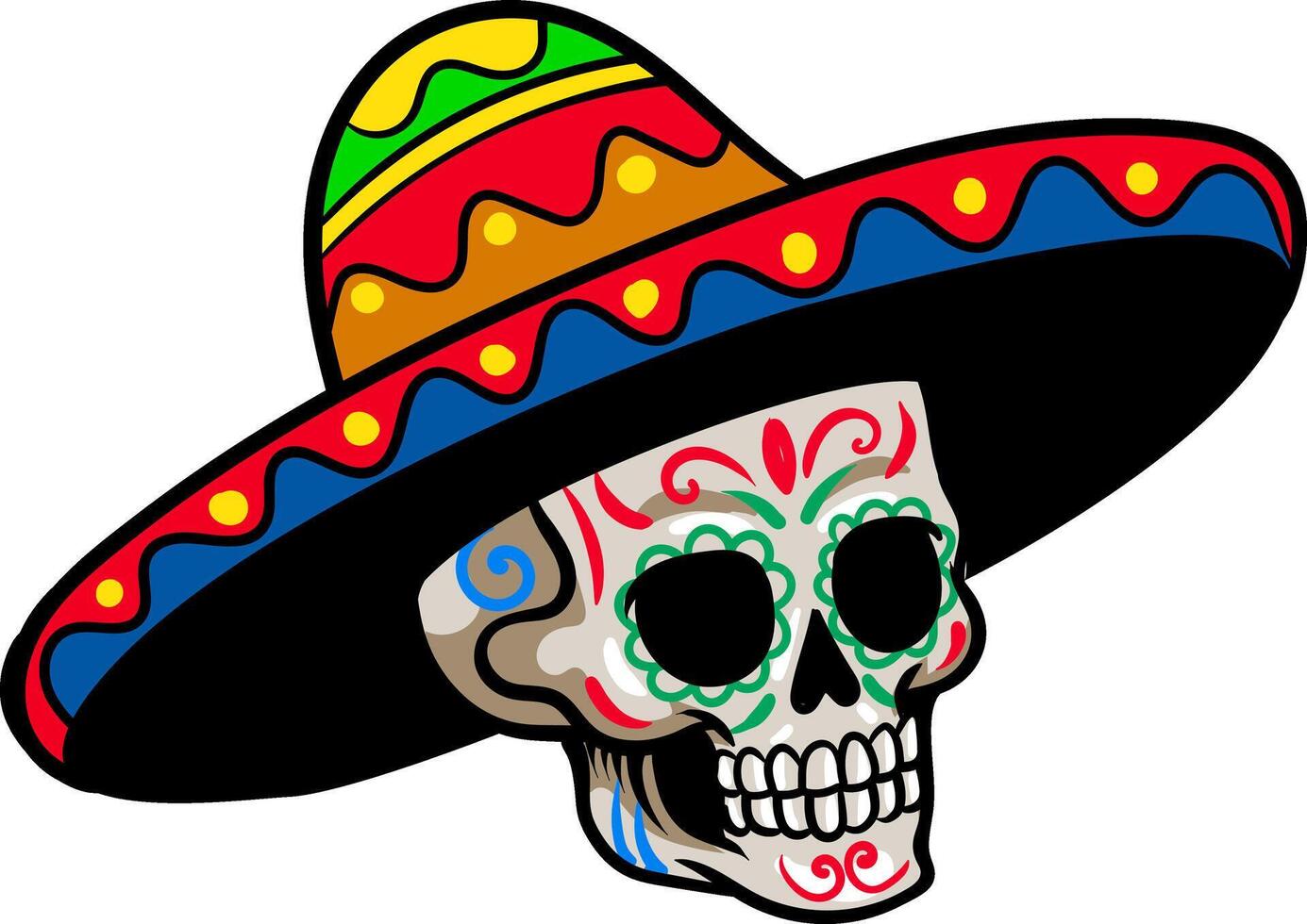 Day of the Dead Mexican Skull Head wear Sombrero Hat Cartoon Character Illustration vector