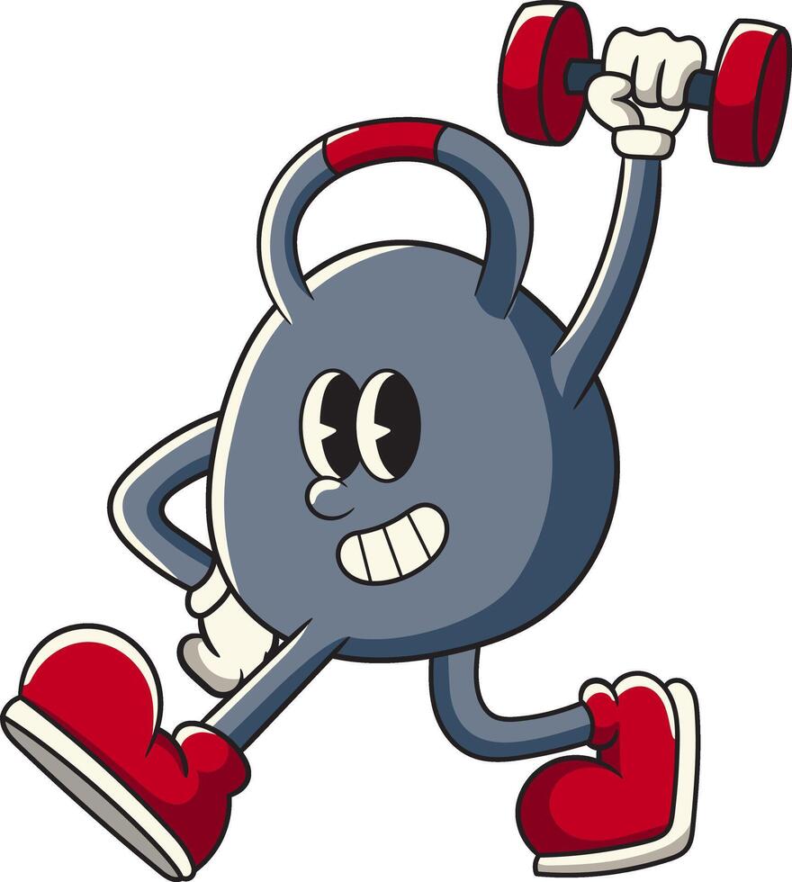 Cute Kettlebell lifting Dumbbell in Retro Cartoon Character Illustration vector