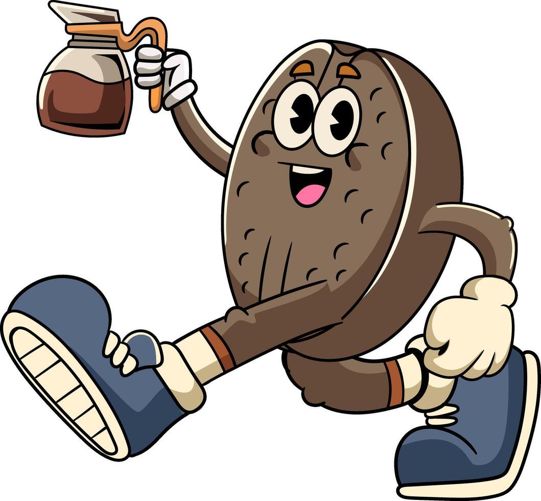 Cute Coffee Bean Cartoon Character in Retro 70s Illustration vector