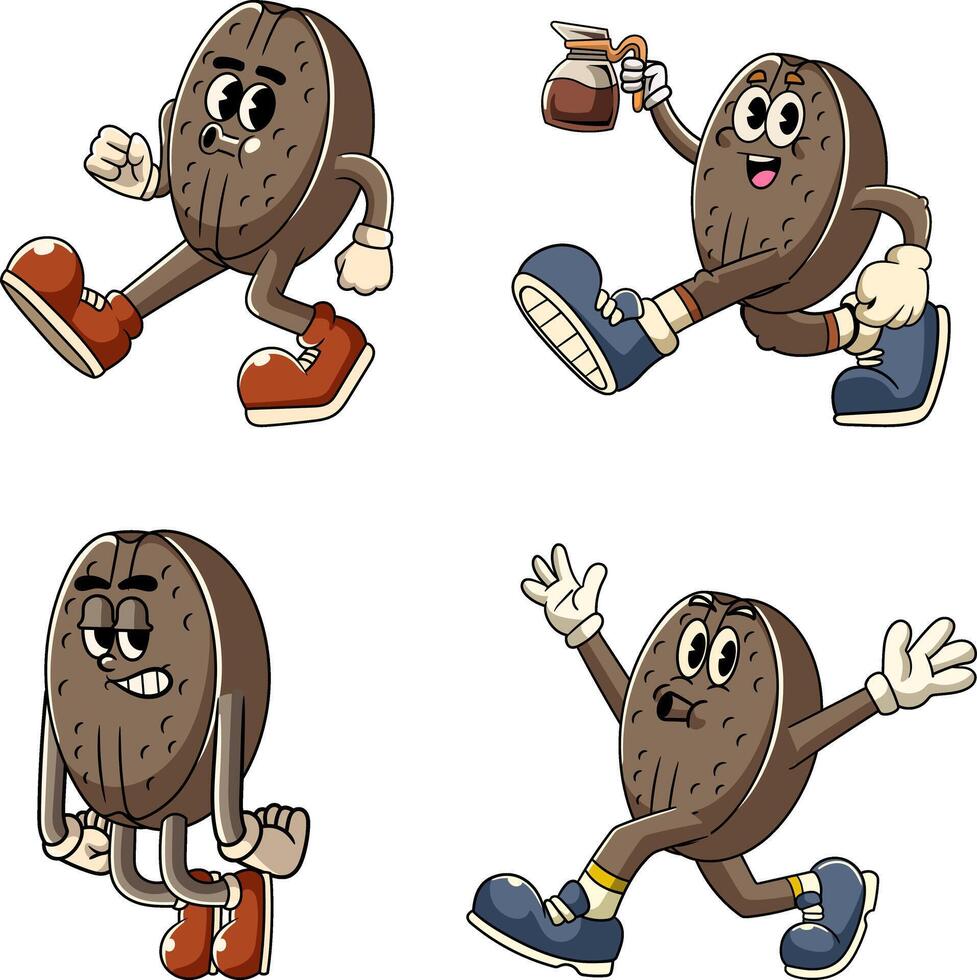 Set of Coffee Bean Cartoon Character in Retro 70s Illustration vector