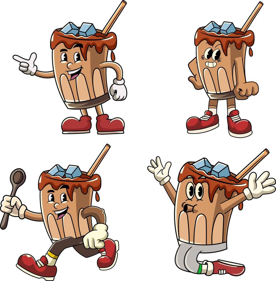 Set of Ice Coffee Cartoon Character in Retro 70s Illustration vector